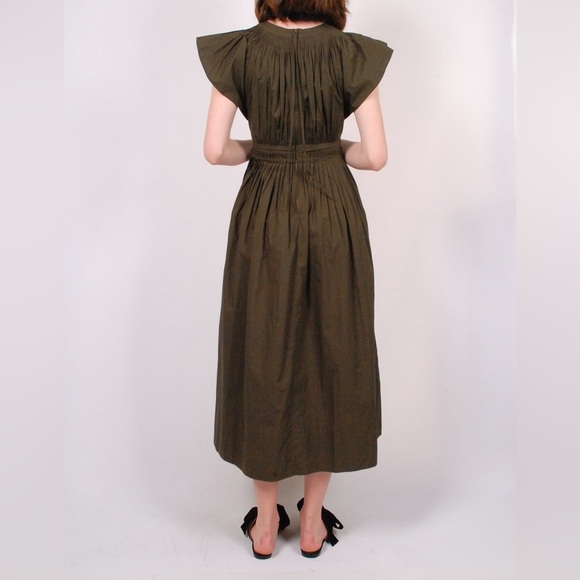 Ulla Johnson Lottie Hand Pleated Cotton Dress in Army - See Measurements - Picture 2 of 9